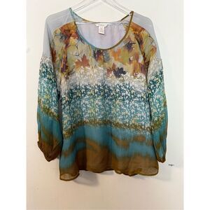 Sundance Silk Blouse Top Fall Leaves Large Long Sleeves
